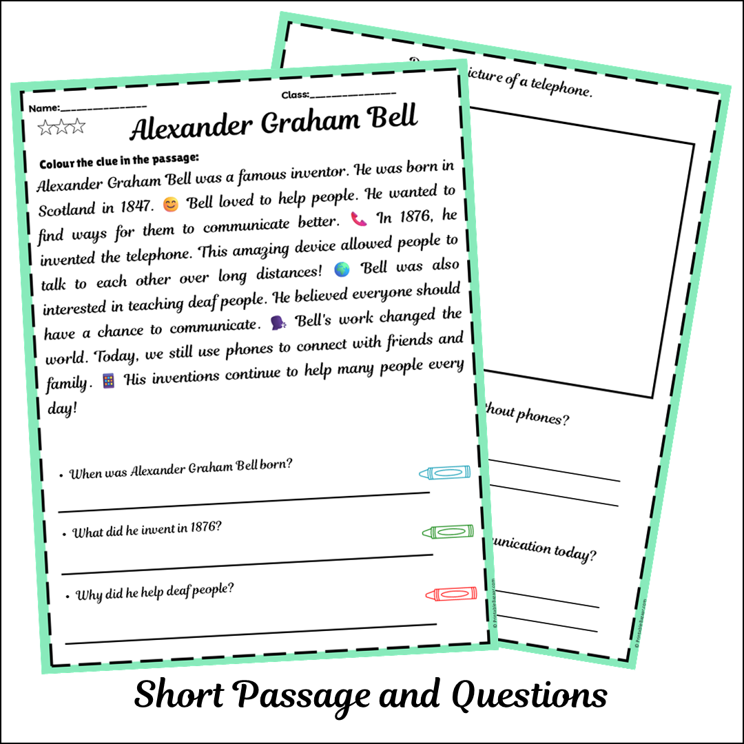 Alexander Graham Bell | Short Reading Comprehension Creative Worksheet