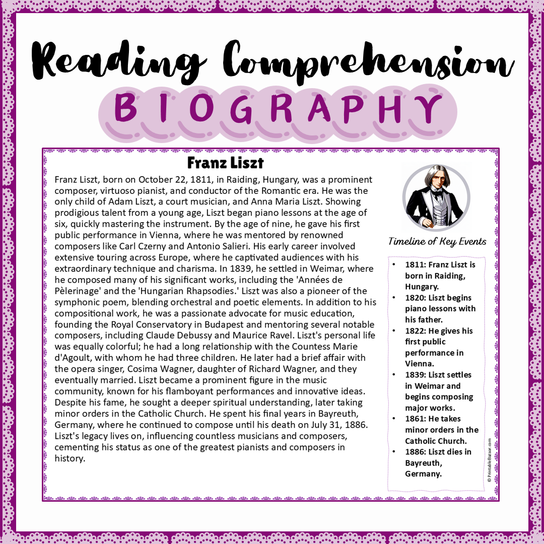 Franz Liszt | Biography Reading Comprehension and Questions Worksheet