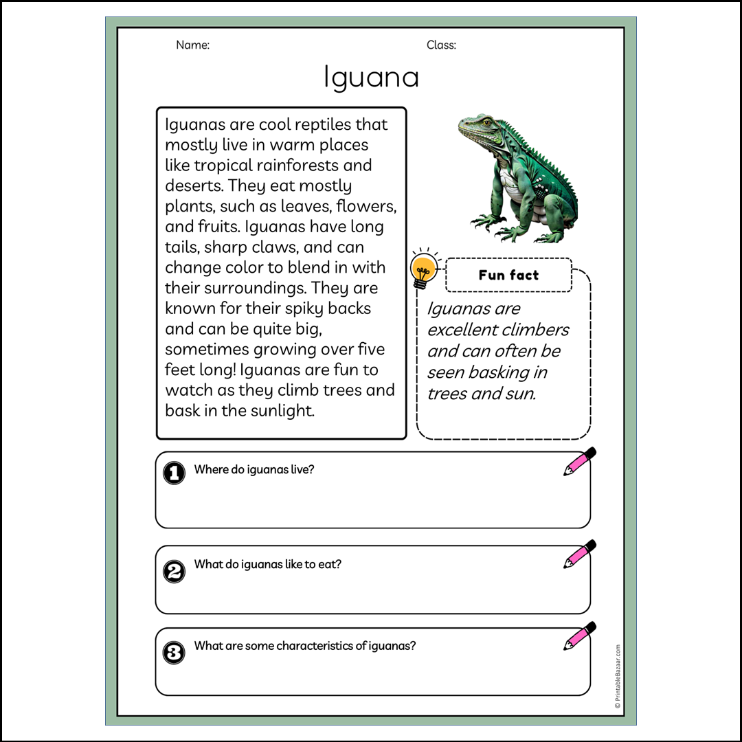 Iguana | Reading Passage Comprehension Questions Writing Facts Worksheet