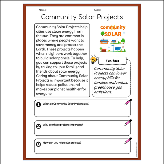 Community Solar Projects | Reading Passage Comprehension Questions Writing Facts Worksheet