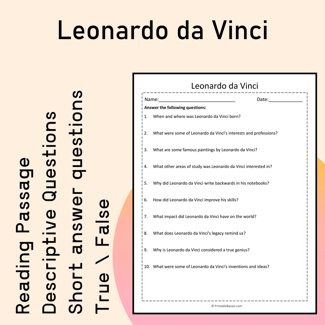 Leonardo da Vinci | Reading Comprehension Passage Printable Activity