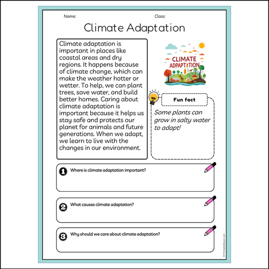 Climate Adaptation | Reading Passage Comprehension Questions Writing Facts Worksheet