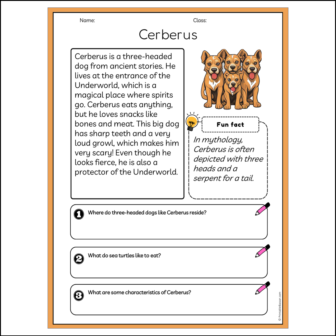 Cerberus | Reading Passage Comprehension Questions Writing Facts Worksheet