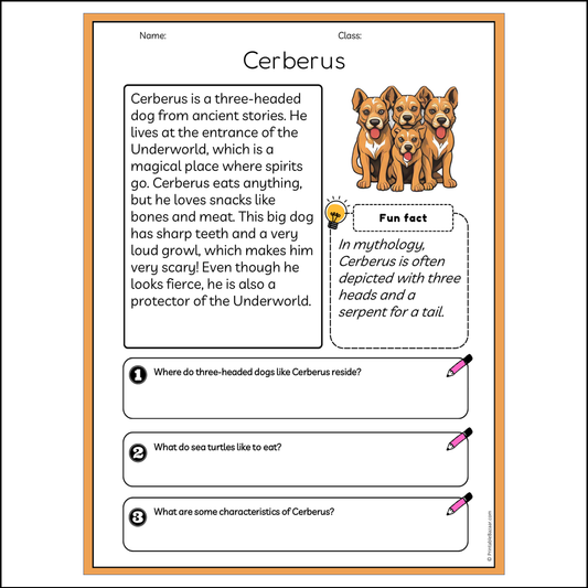 Cerberus | Reading Passage Comprehension Questions Writing Facts Worksheet