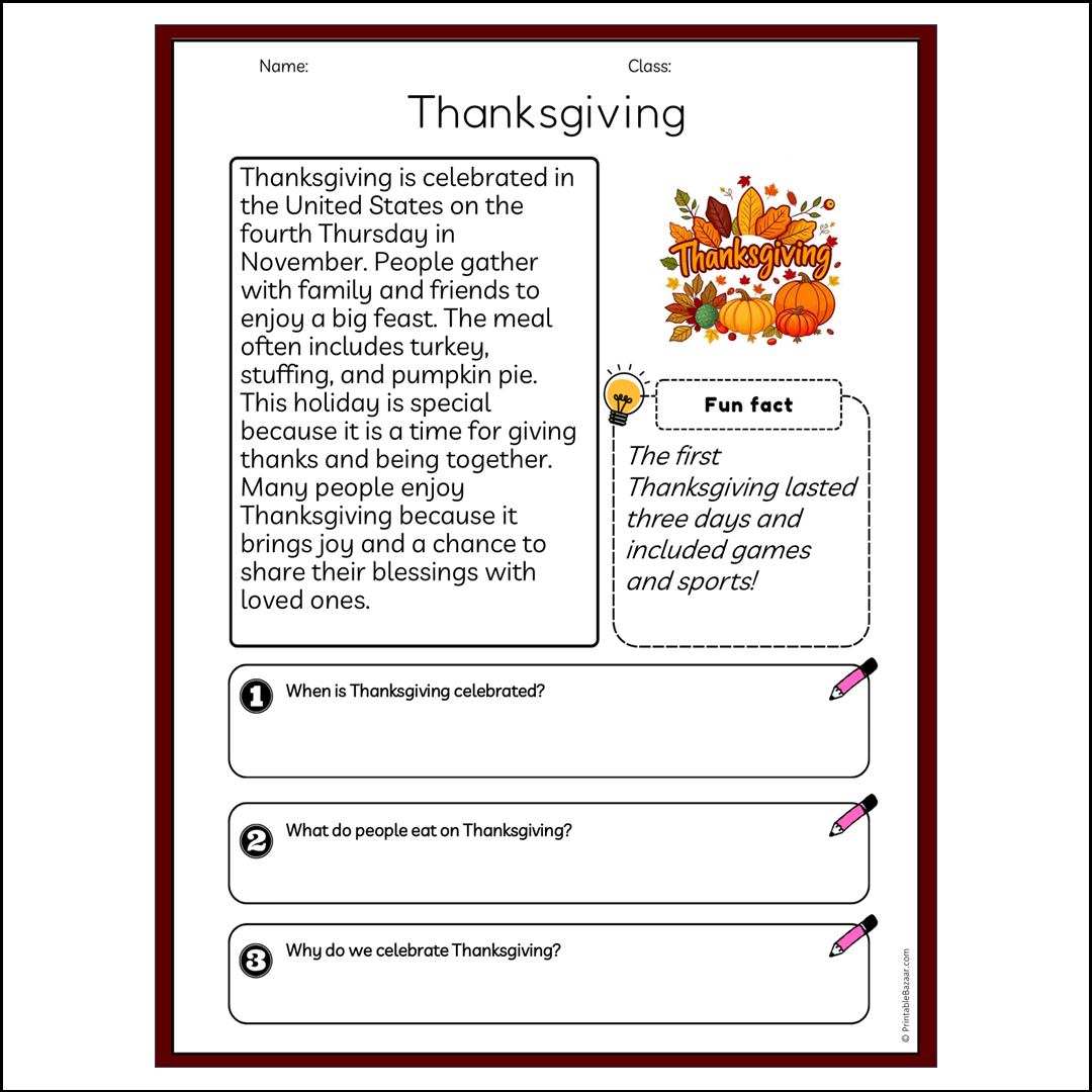 Thanksgiving | Reading Passage Comprehension Questions Writing Facts Worksheet