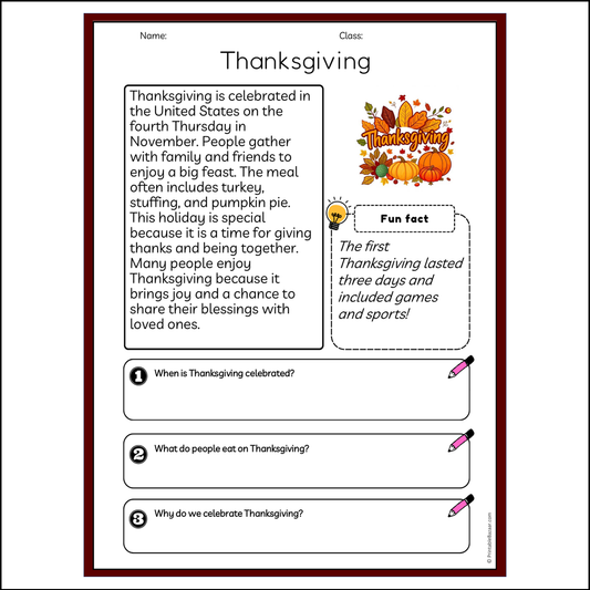 Thanksgiving | Reading Passage Comprehension Questions Writing Facts Worksheet