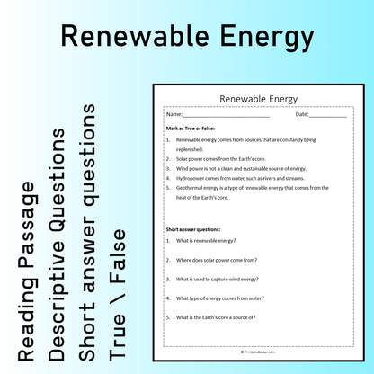 Renewable Energy | Reading Comprehension Passage Printable Worksheet