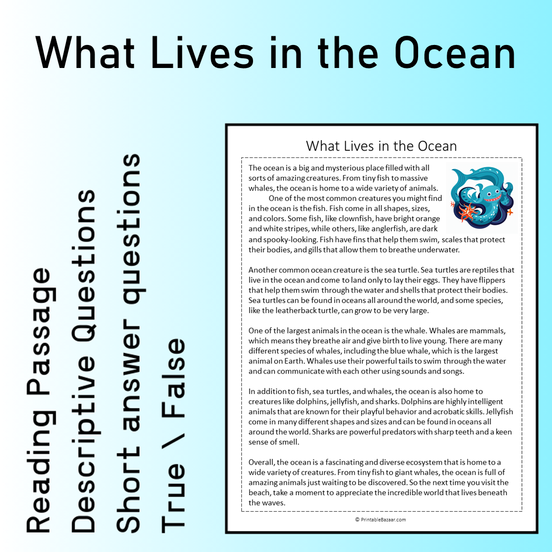 What Lives in the Ocean | Reading Comprehension Passage Printable Worksheet
