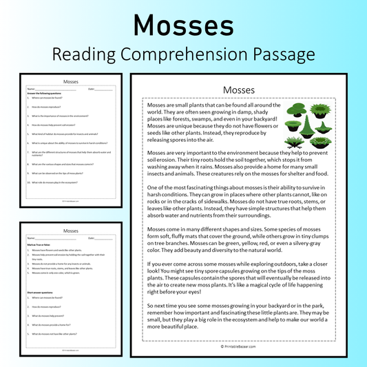 Mosses | Reading Comprehension Passage Printable Worksheet