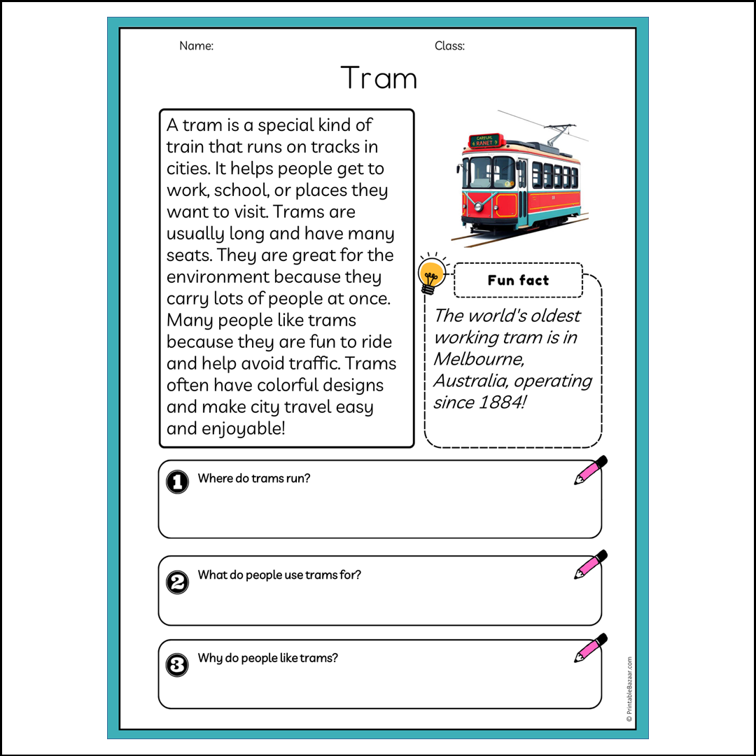 Tram | Reading Passage Comprehension Questions Writing Facts Worksheet