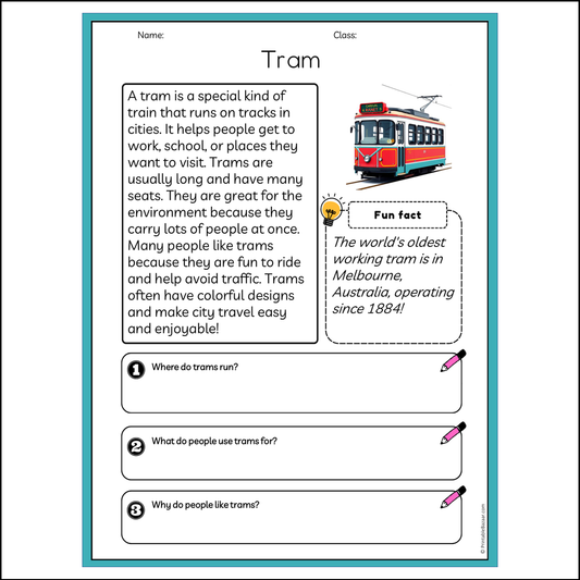 Tram | Reading Passage Comprehension Questions Writing Facts Worksheet