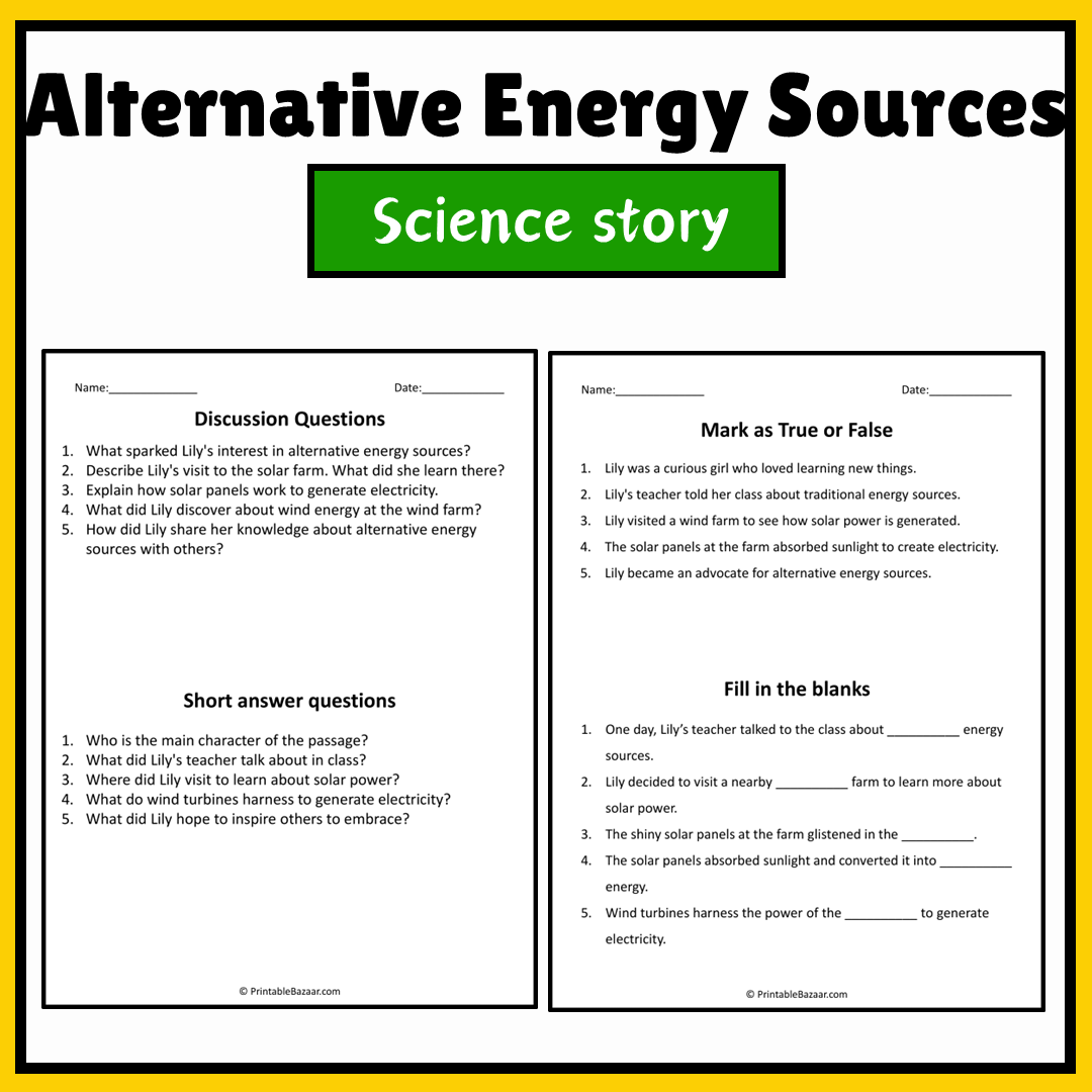 Alternative Energy Sources | Science Story Reading Comprehension Activity