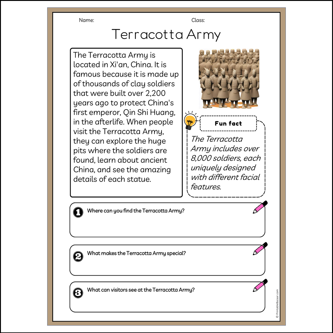 Terracotta Army | Reading Passage Comprehension Questions Writing Facts Worksheet