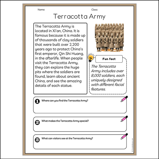 Terracotta Army | Reading Passage Comprehension Questions Writing Facts Worksheet