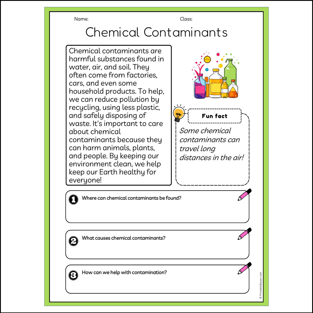 Chemical Contaminants | Reading Passage Comprehension Questions Writing Facts Worksheet