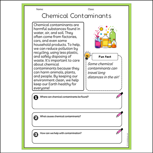 Chemical Contaminants | Reading Passage Comprehension Questions Writing Facts Worksheet