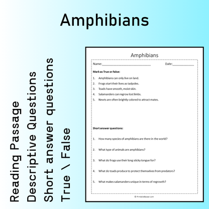 Amphibians | Reading Comprehension Passage Printable Worksheet
