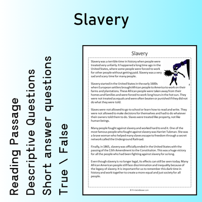 Slavery | Reading Comprehension Passage Printable Worksheet