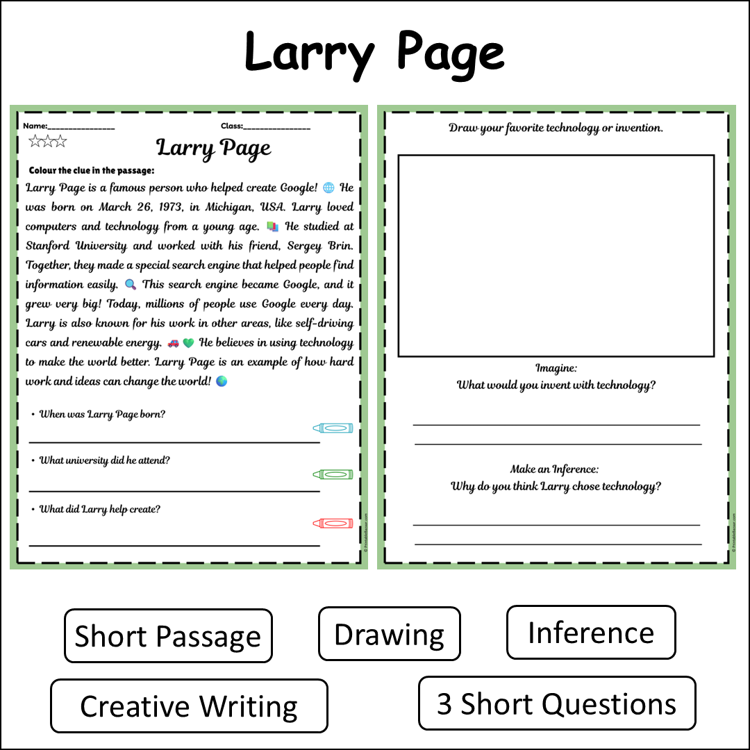 Larry Page | Short Reading Comprehension Creative Worksheet