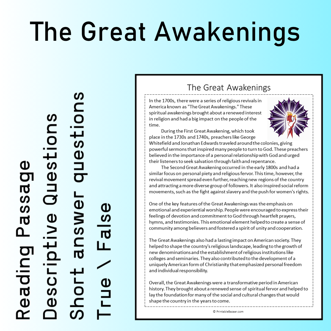 The Great Awakenings | Reading Comprehension Passage Printable Worksheet