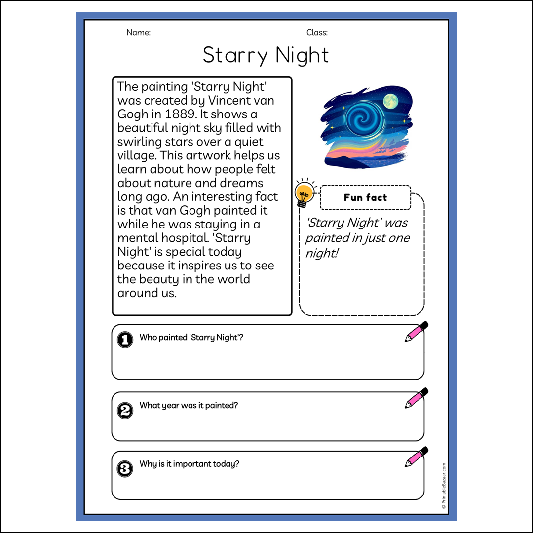 Starry Night | Reading Passage Comprehension Questions Writing Facts Worksheet