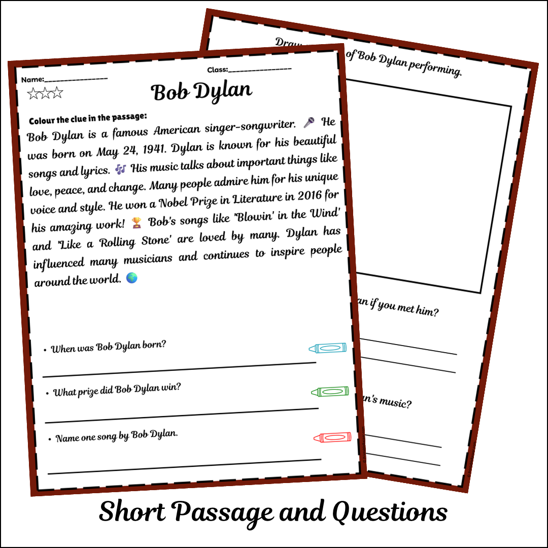 Bob Dylan | Short Reading Comprehension Creative Worksheet