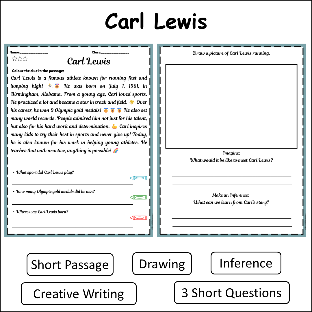 Carl Lewis | Short Reading Comprehension Creative Worksheet