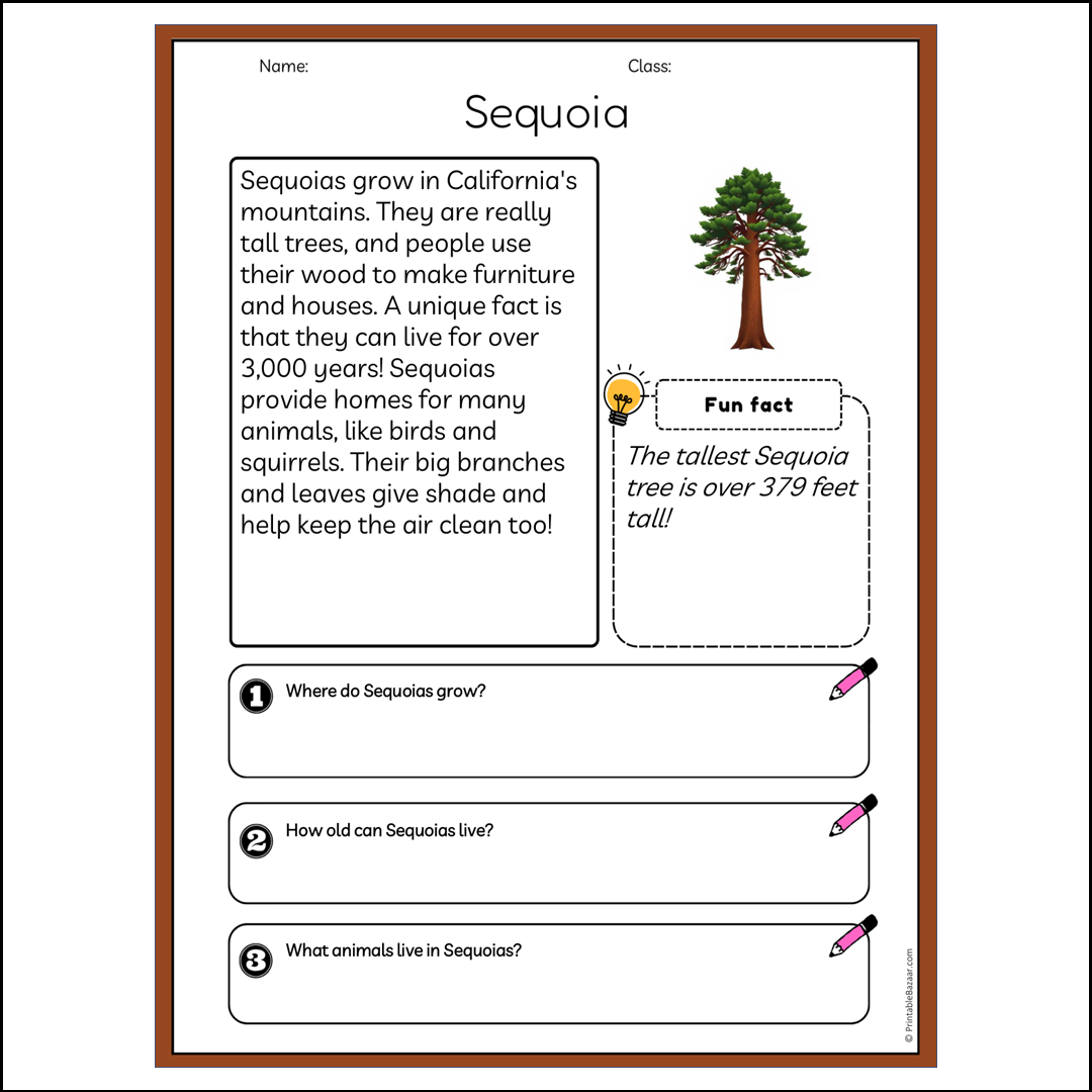 Sequoia | Reading Passage Comprehension Questions Writing Facts Worksheet