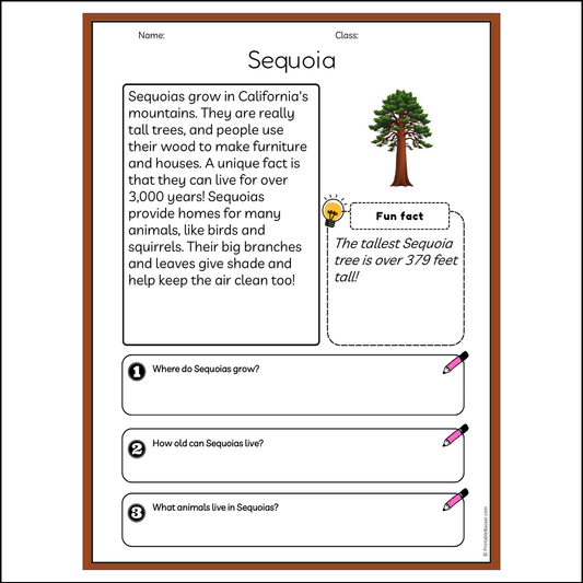 Sequoia | Reading Passage Comprehension Questions Writing Facts Worksheet