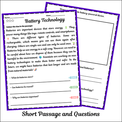 Battery Technology | Short Reading Comprehension Creative Worksheet