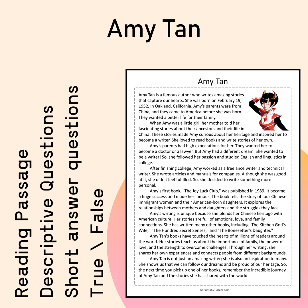 Amy Tan | Reading Comprehension Passage Printable Activity
