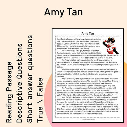 Amy Tan | Reading Comprehension Passage Printable Activity