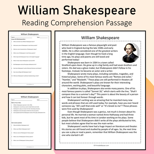William Shakespeare | Reading Comprehension Passage Printable Activity