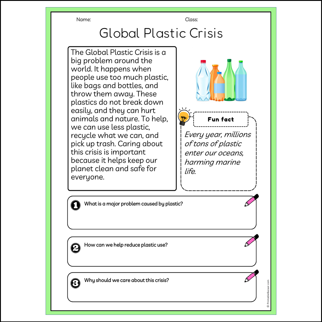 Global Plastic Crisis | Reading Passage Comprehension Questions Writing Facts Worksheet