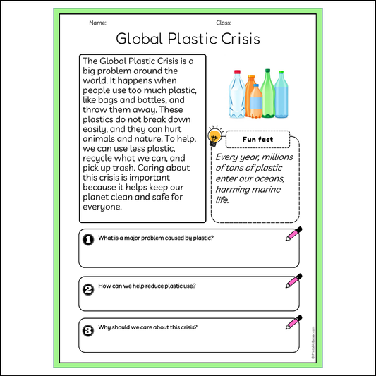 Global Plastic Crisis | Reading Passage Comprehension Questions Writing Facts Worksheet