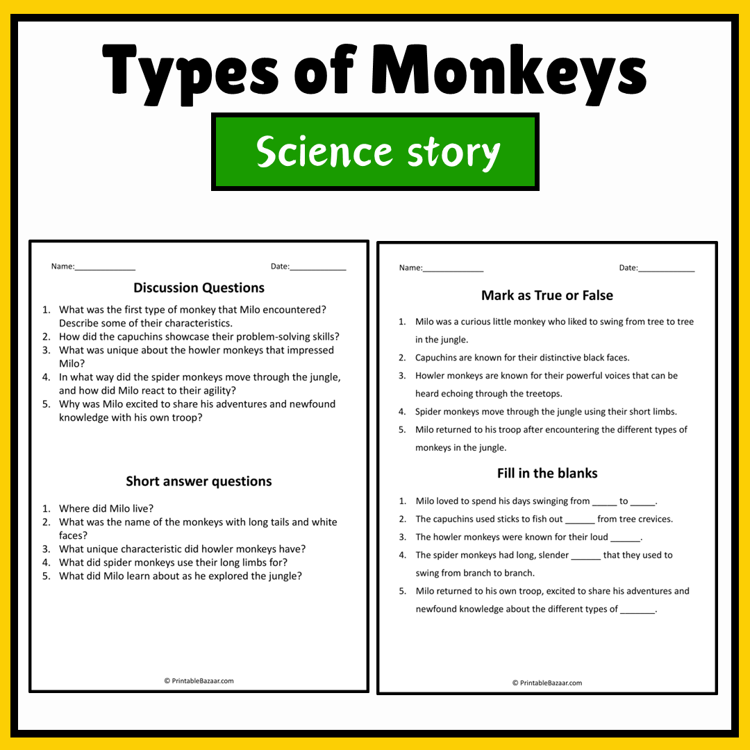 Types of Monkeys | Science Story Reading Comprehension Activity