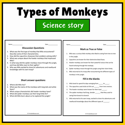 Types of Monkeys | Science Story Reading Comprehension Activity