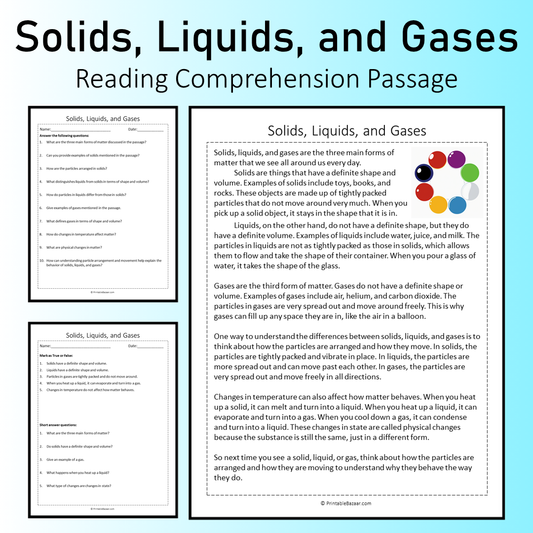 Solids, Liquids, and Gases | Reading Comprehension Passage Printable Worksheet