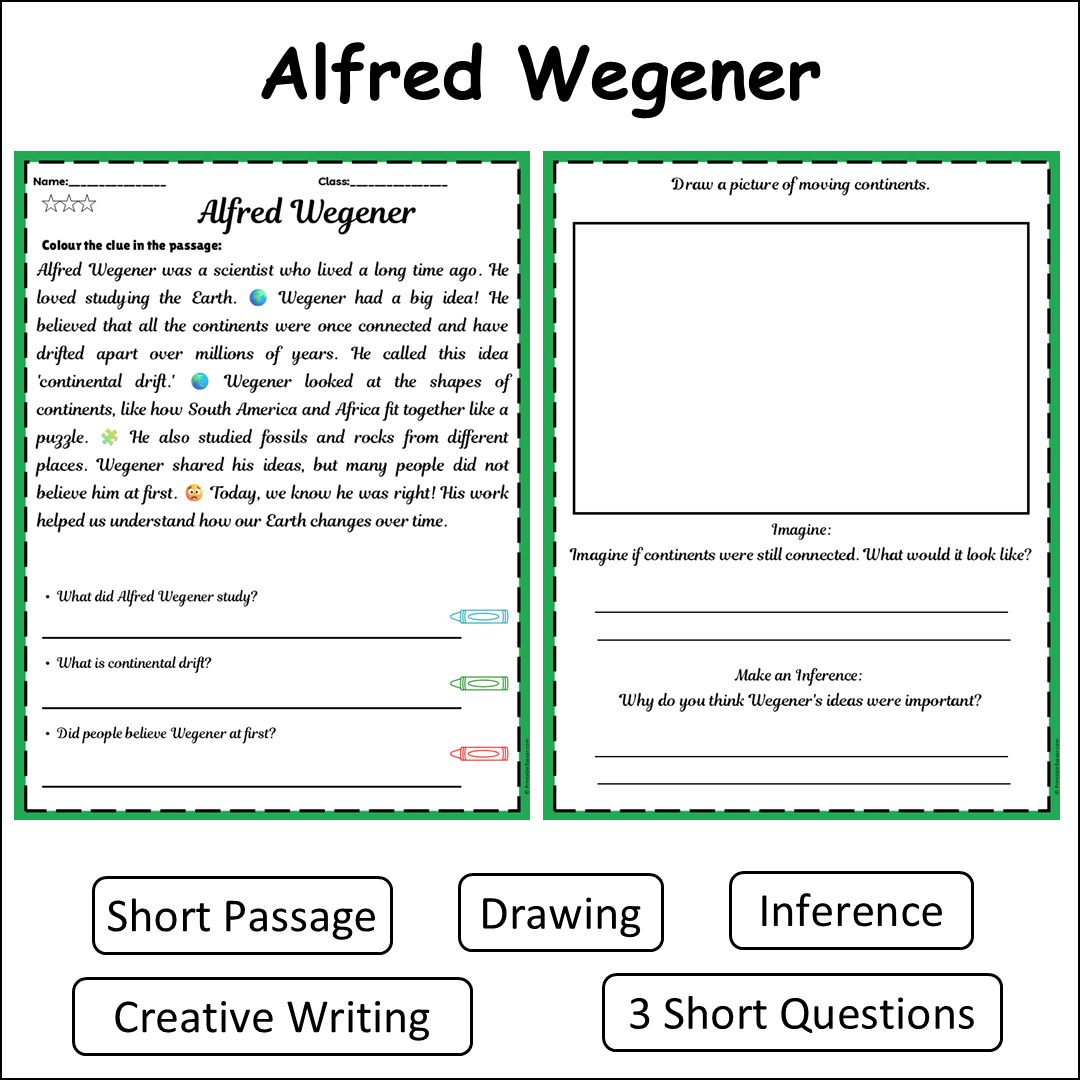 Alfred Wegener | Short Reading Comprehension Creative Worksheet