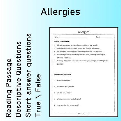 Allergies | Reading Comprehension Passage Printable Worksheet