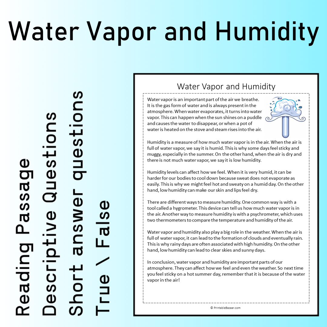 Water Vapor and Humidity | Reading Comprehension Passage Printable Worksheet