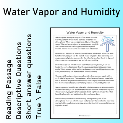 Water Vapor and Humidity | Reading Comprehension Passage Printable Worksheet