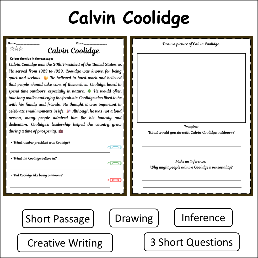Calvin Coolidge | Short Reading Comprehension Creative Worksheet