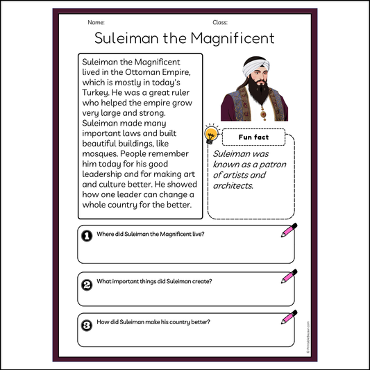 Suleiman the Magnificent | Reading Passage Comprehension Questions Writing Facts Worksheet