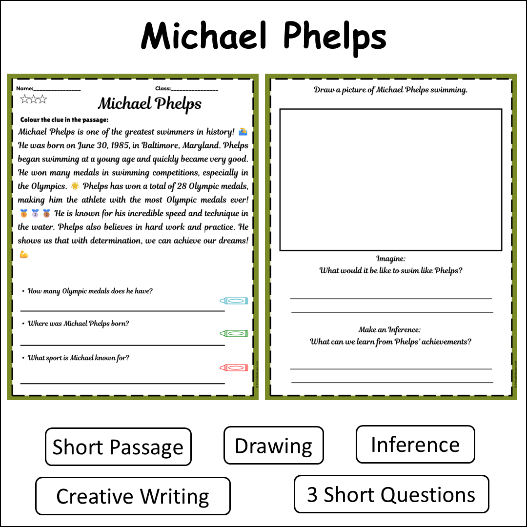Michael Phelps | Short Reading Comprehension Creative Worksheet