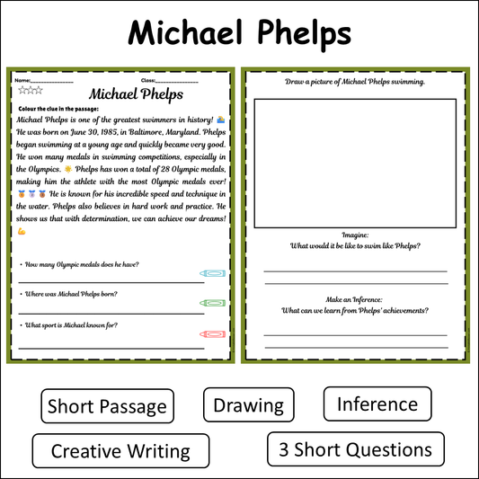 Michael Phelps | Short Reading Comprehension Creative Worksheet