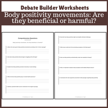 Body positivity movements: Are they beneficial or harmful? | Favour and Against Worksheet Printable Activity