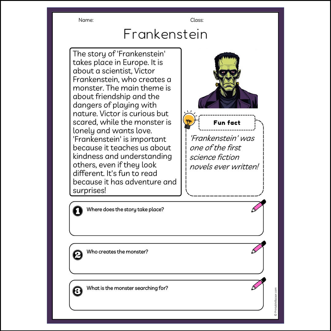 Frankenstein | Reading Passage Comprehension Questions Writing Facts Worksheet