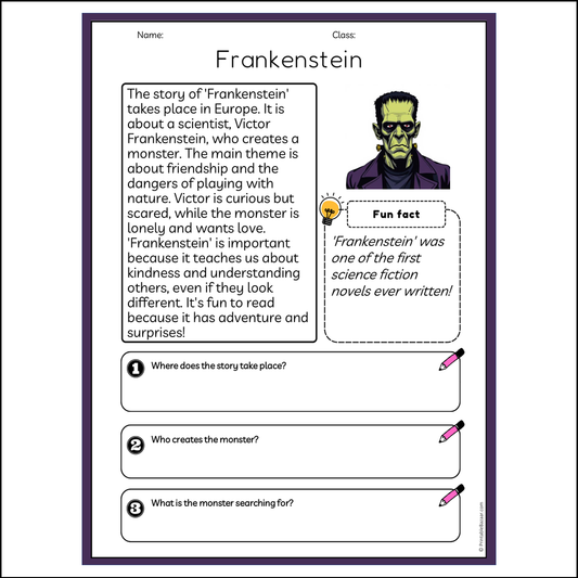 Frankenstein | Reading Passage Comprehension Questions Writing Facts Worksheet