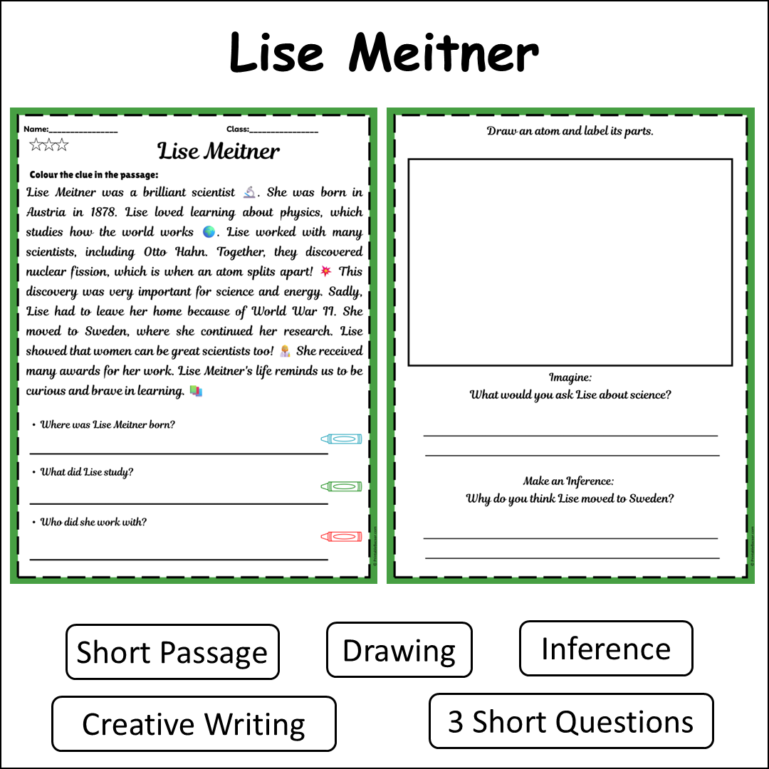 Lise Meitner | Short Reading Comprehension Creative Worksheet